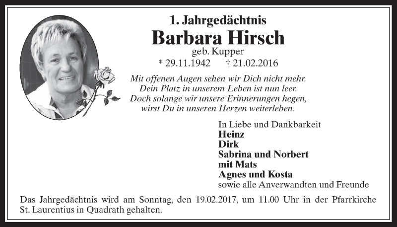  Traueranzeige für Barbara Hirsch vom 15.02.2017 aus  Werbepost 