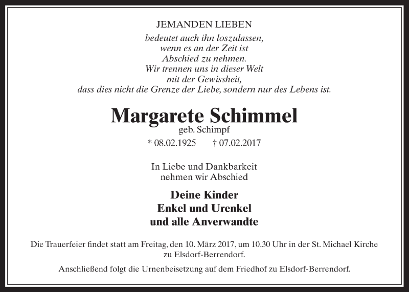  Traueranzeige für Margarete Schimmel vom 01.03.2017 aus  Werbepost 
