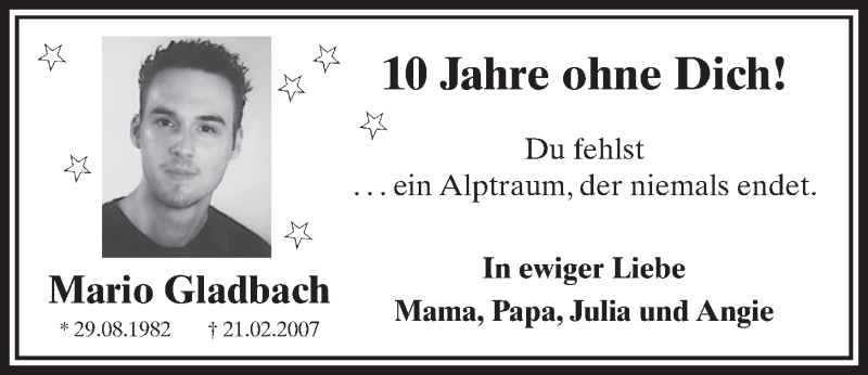  Traueranzeige für Mario Gladbach vom 22.02.2017 aus  Schlossbote/Werbekurier 