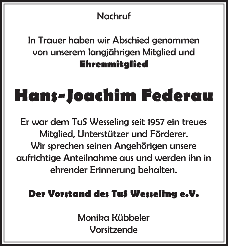  Traueranzeige für Hans-Joachim Federau vom 08.02.2017 aus  Schlossbote/Werbekurier 