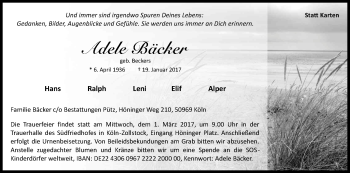Anzeige von Adele Bäcker von Kölner Stadt-Anzeiger / Kölnische Rundschau / Express
