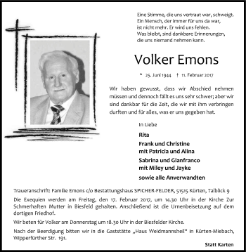 Anzeige von Volker Emons von Kölner Stadt-Anzeiger / Kölnische Rundschau / Express