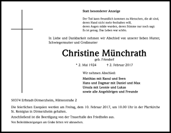Anzeige von Christine Münchrath von Kölner Stadt-Anzeiger / Kölnische Rundschau / Express