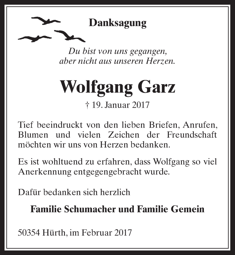  Traueranzeige für Wolfgang Garz vom 22.02.2017 aus  Wochenende 