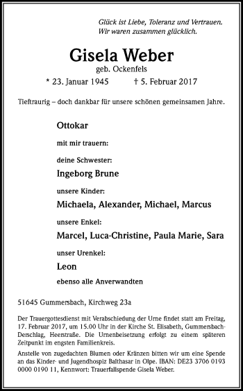 Anzeige von Gisela Weber von Kölner Stadt-Anzeiger / Kölnische Rundschau / Express