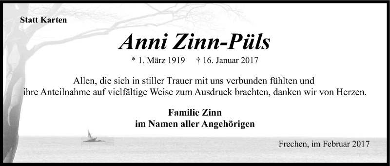  Traueranzeige für Anni Zinn-Püls vom 08.02.2017 aus Kölner Stadt-Anzeiger / Kölnische Rundschau / Express
