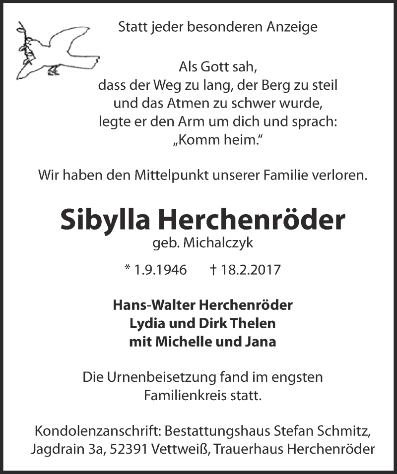  Traueranzeige für Sibylla Herchenröder vom 25.02.2017 aus  Blickpunkt Euskirchen 