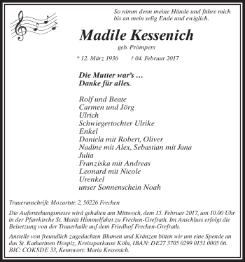 Anzeige von Madile Kessenich von  Sonntags-Post 