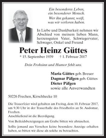 Anzeige von Peter Heinz Güttes von  Wochenende 