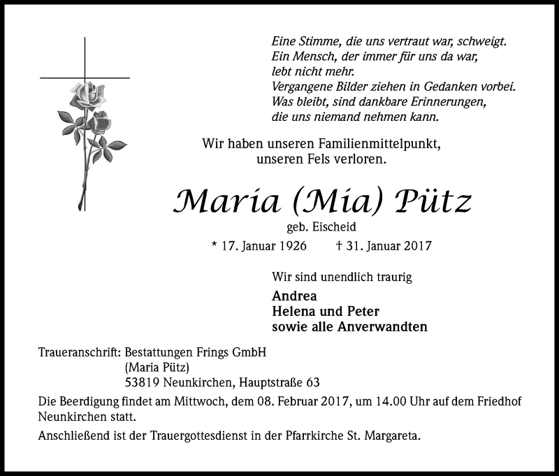  Traueranzeige für Maria Pütz vom 04.02.2017 aus Kölner Stadt-Anzeiger / Kölnische Rundschau / Express