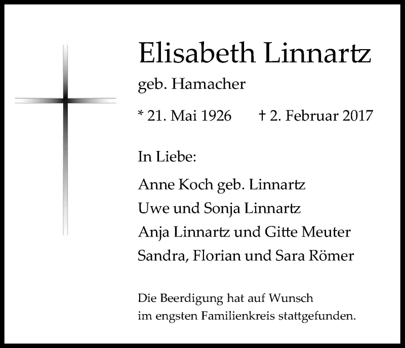  Traueranzeige für Elisabeth Linnartz vom 11.02.2017 aus Kölner Stadt-Anzeiger / Kölnische Rundschau / Express