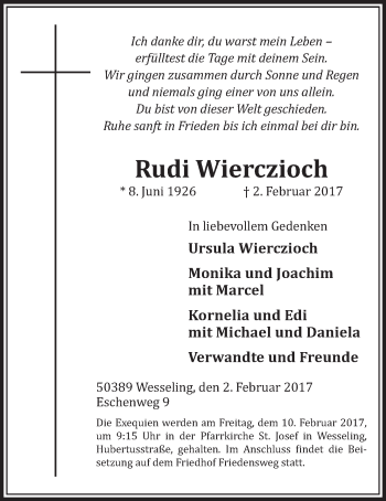 Anzeige von Rudi Wierczioch von  Schlossbote/Werbekurier 
