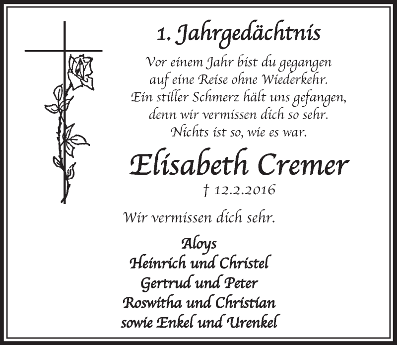  Traueranzeige für Elisabeth Cremer vom 11.02.2017 aus  Sonntags-Post 