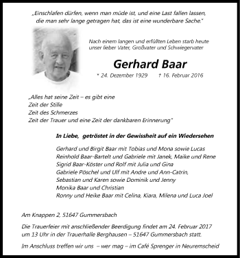 Anzeige von Gerhard Baar von Kölner Stadt-Anzeiger / Kölnische Rundschau / Express