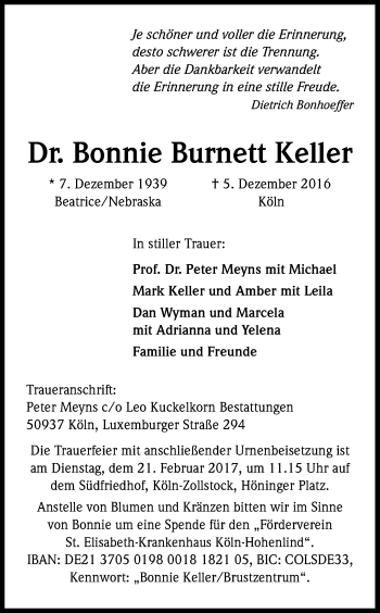Anzeige von Bonnie Burnett Keller von Kölner Stadt-Anzeiger / Kölnische Rundschau / Express