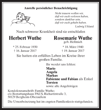 Anzeige von Herbert und Rosemarie Wuthe von  Werbepost 