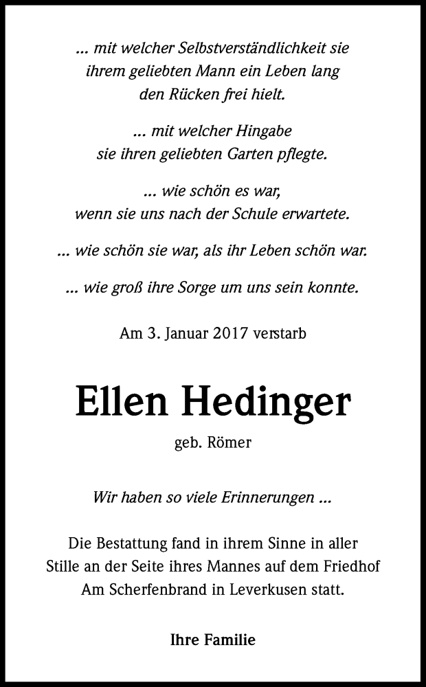  Traueranzeige für Ellen Hedinger vom 04.02.2017 aus Kölner Stadt-Anzeiger / Kölnische Rundschau / Express