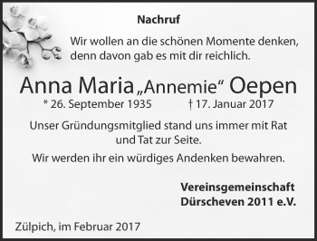 Anzeige von Anna Maria Annemie Oepen von  Blickpunkt Euskirchen 