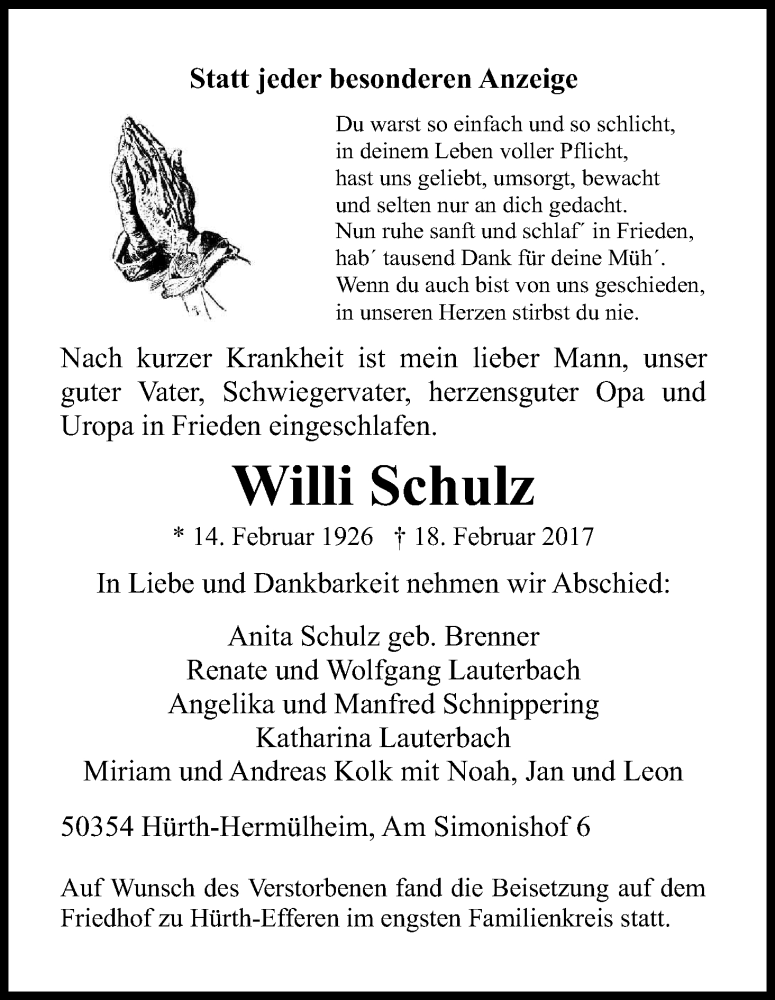  Traueranzeige für Willi Schulz vom 01.03.2017 aus Kölner Stadt-Anzeiger / Kölnische Rundschau / Express