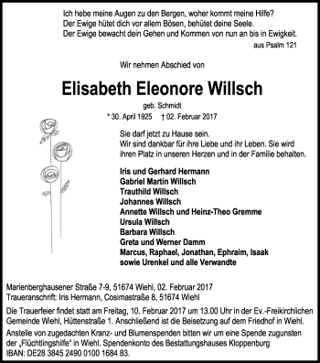 Anzeige von Elisabeth Eleonore Willsch von Kölner Stadt-Anzeiger / Kölnische Rundschau / Express