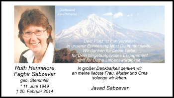 Anzeige von Ruth Hannelore Faghir Sabzevar von Kölner Stadt-Anzeiger / Kölnische Rundschau / Express