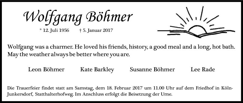  Traueranzeige für Wolfgang Böhmer vom 11.02.2017 aus Kölner Stadt-Anzeiger / Kölnische Rundschau / Express