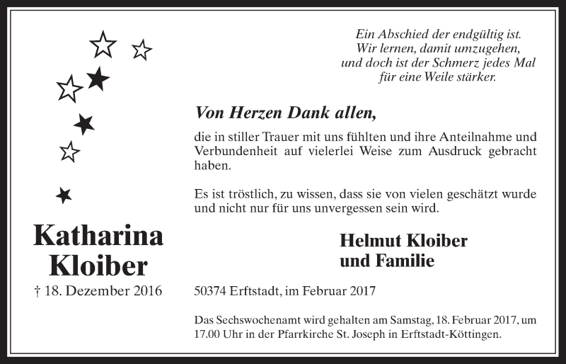  Traueranzeige für Katharina Kloiber vom 11.02.2017 aus  Sonntags-Post 