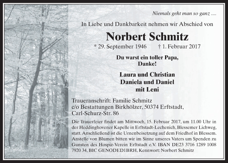  Traueranzeige für Norbert Schmitz vom 11.02.2017 aus  Sonntags-Post 