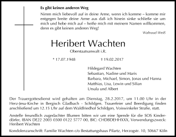 Anzeige von Heribert Wachten von Kölner Stadt-Anzeiger / Kölnische Rundschau / Express