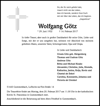 Anzeige von Wolfgang Götz von Kölner Stadt-Anzeiger / Kölnische Rundschau / Express