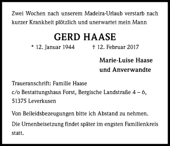Anzeige von Gerd Haase von Kölner Stadt-Anzeiger / Kölnische Rundschau / Express
