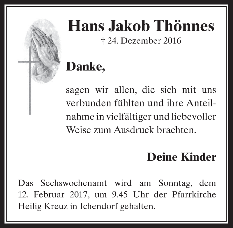  Traueranzeige für Hans Jakob Thönnes vom 04.02.2017 aus  Sonntags-Post 