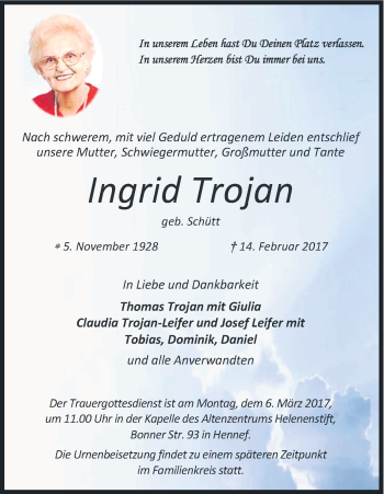 Anzeige von Ingrid Trojan von Kölner Stadt-Anzeiger / Kölnische Rundschau / Express