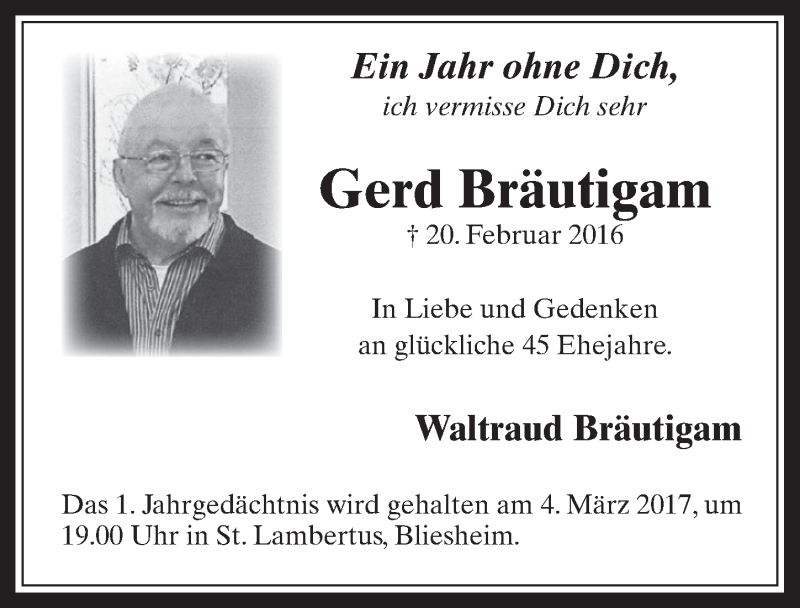  Traueranzeige für Gerd Bräutigam vom 22.02.2017 aus  Wochenende  Werbepost 