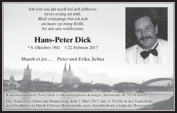 Anzeige von Hans-Peter Dick von  Sonntags-Post 