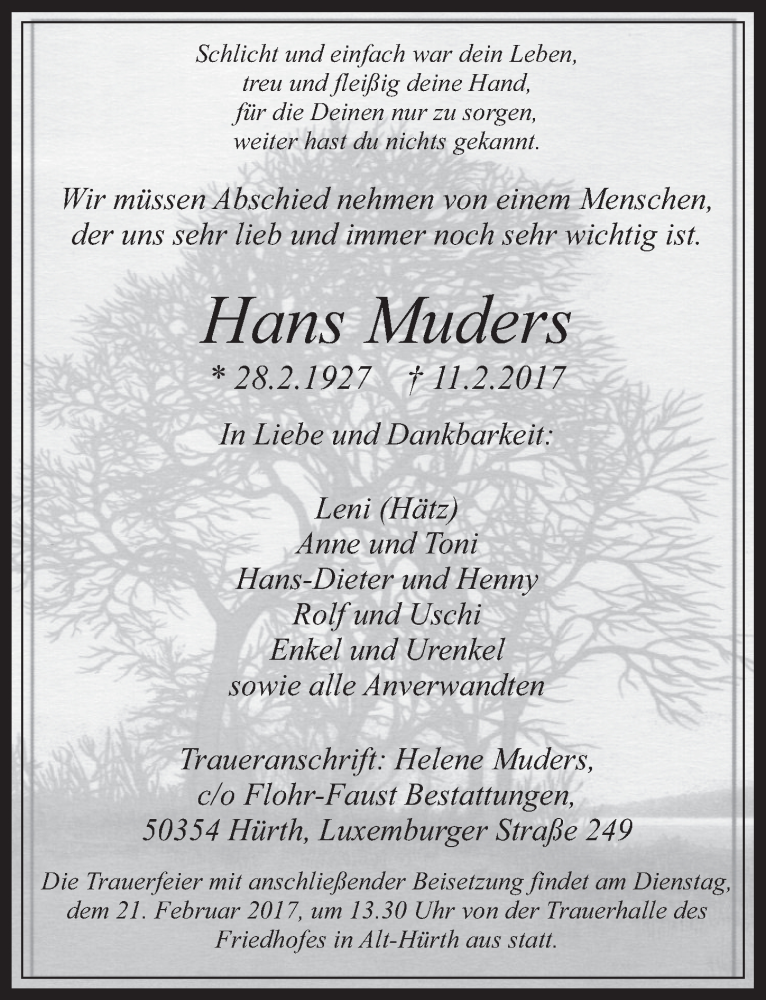  Traueranzeige für Hans Muders vom 15.02.2017 aus  Wochenende 