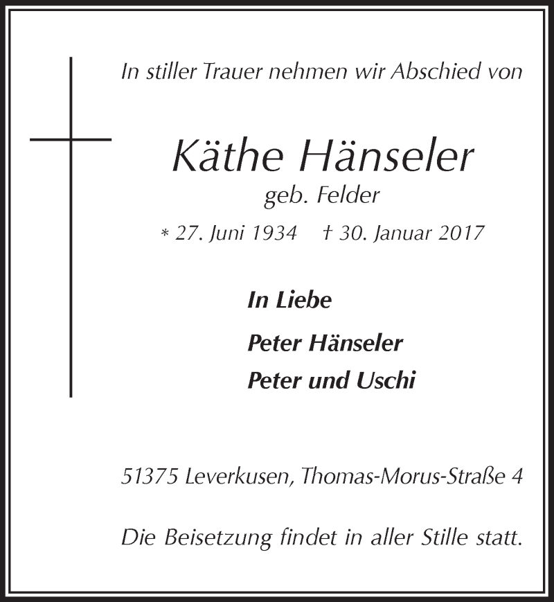  Traueranzeige für Käthe Hänseler vom 08.02.2017 aus  Lokale Informationen 