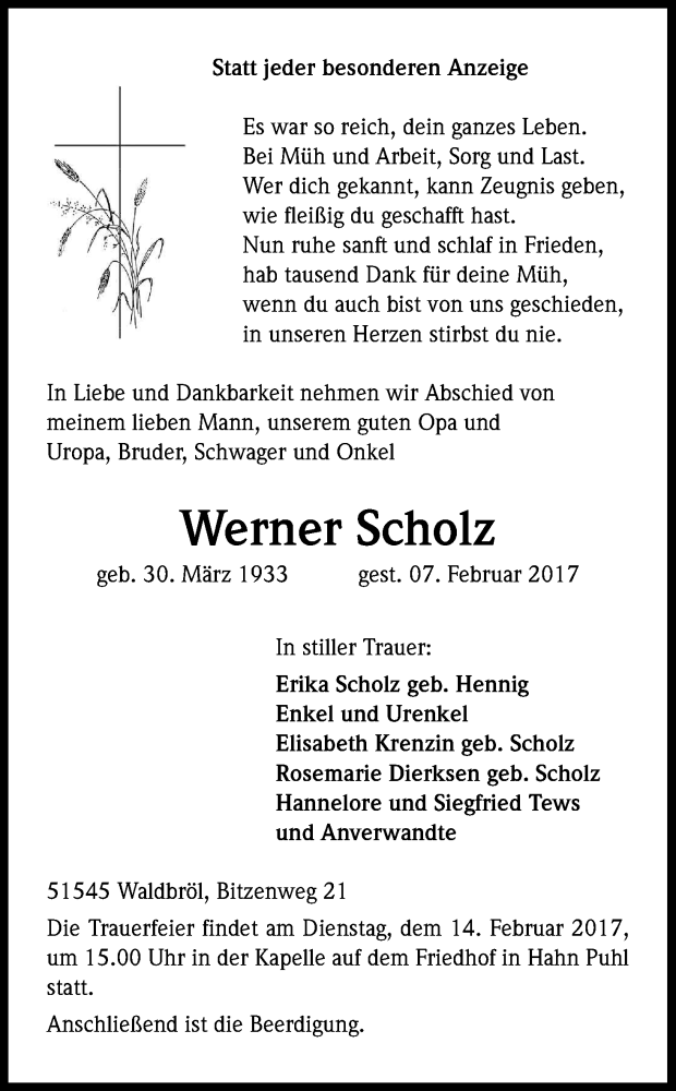  Traueranzeige für Werner Scholz vom 11.02.2017 aus Kölner Stadt-Anzeiger / Kölnische Rundschau / Express