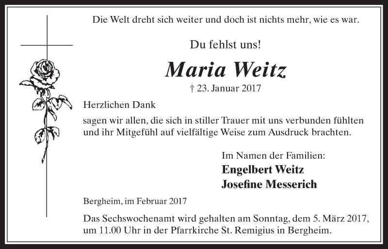  Traueranzeige für Maria Weitz vom 01.03.2017 aus  Werbepost 