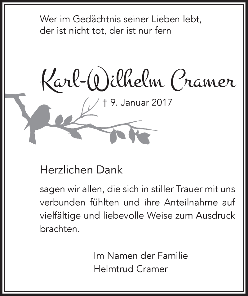  Traueranzeige für Karl-Wilhelm Cramer vom 22.02.2017 aus  Lokalanzeiger 