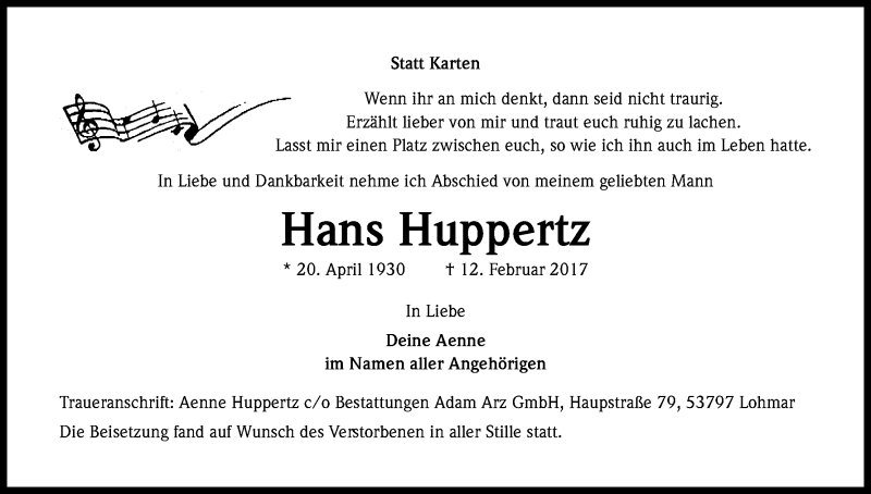  Traueranzeige für Hans Huppertz vom 25.02.2017 aus Kölner Stadt-Anzeiger / Kölnische Rundschau / Express