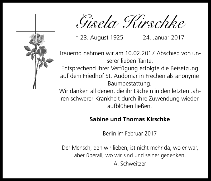  Traueranzeige für Gisela Kirschke vom 18.02.2017 aus Kölner Stadt-Anzeiger / Kölnische Rundschau / Express