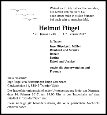 Anzeige von Helmut Flügel von Kölner Stadt-Anzeiger / Kölnische Rundschau / Express