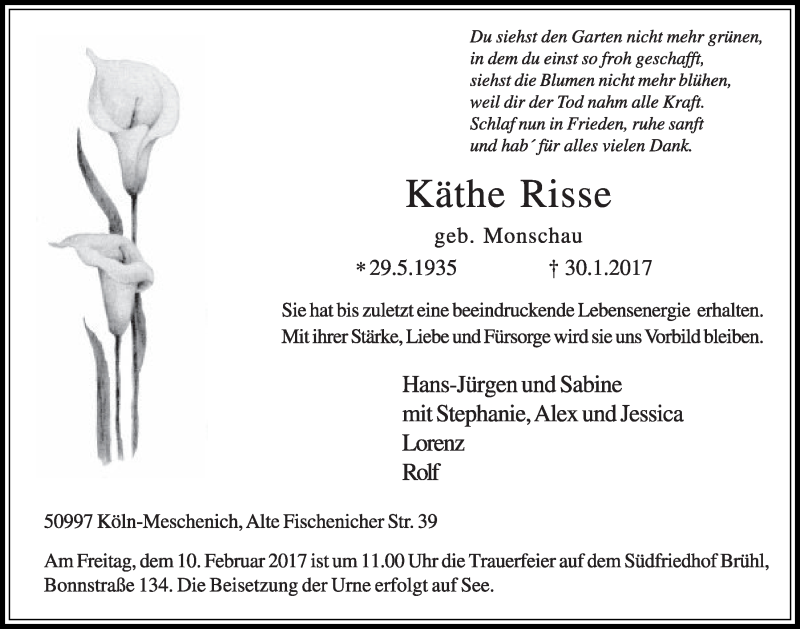  Traueranzeige für Käthe Risse vom 08.02.2017 aus  Schlossbote/Werbekurier 