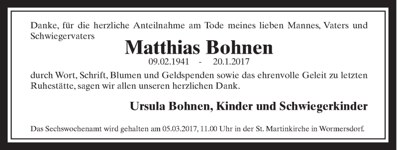  Traueranzeige für Matthias Bohnen vom 22.02.2017 aus  Schaufenster/Blickpunkt 