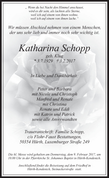 Anzeige von Katharina Schopp von  Wochenende 