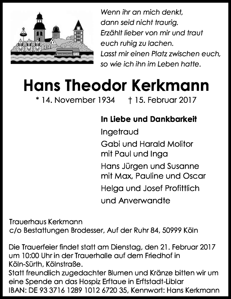  Traueranzeige für Hans Theodor Kerkmann vom 18.02.2017 aus Kölner Stadt-Anzeiger / Kölnische Rundschau / Express