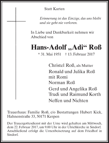 Anzeige von Hans-Adolf  Roß von  Sonntags-Post 