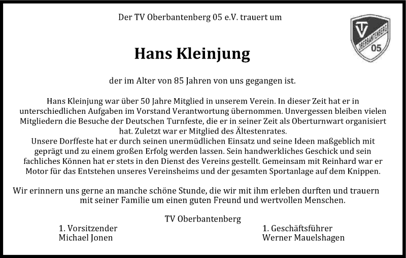  Traueranzeige für Hans Kleinjung vom 01.03.2017 aus Kölner Stadt-Anzeiger / Kölnische Rundschau / Express