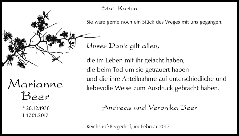  Traueranzeige für Marianne Beer vom 25.02.2017 aus Kölner Stadt-Anzeiger / Kölnische Rundschau / Express
